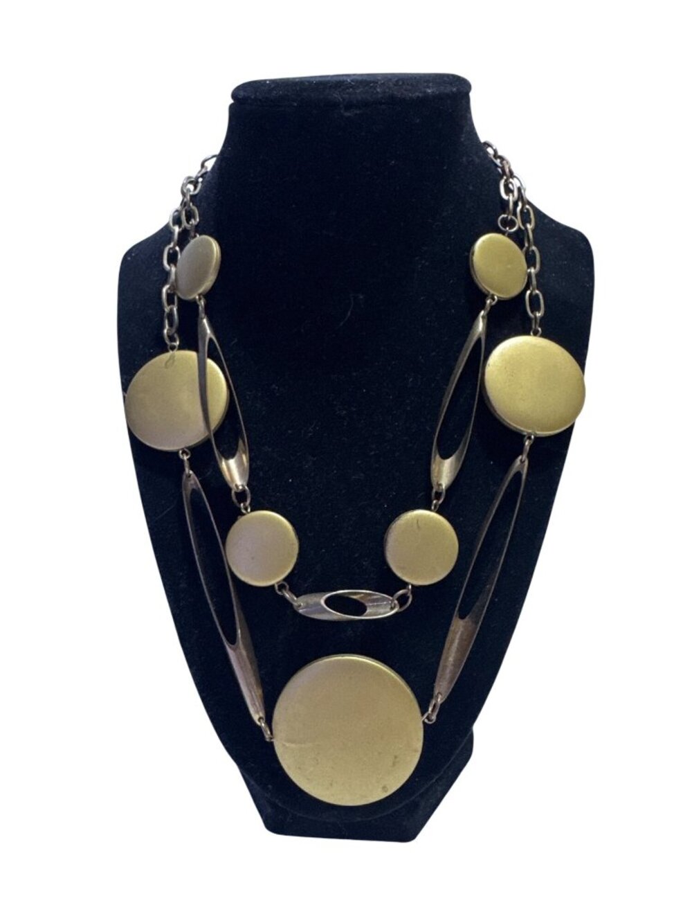 You and I Modernist Geometric Disc Statement Necklace Two Tone Bronze Gold